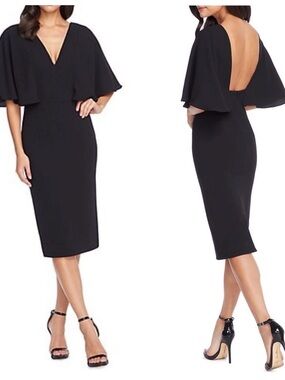 NWT DRESS THE POPULATION Black Louisa Flutter-Sleeve Cocktail Dress Size Small